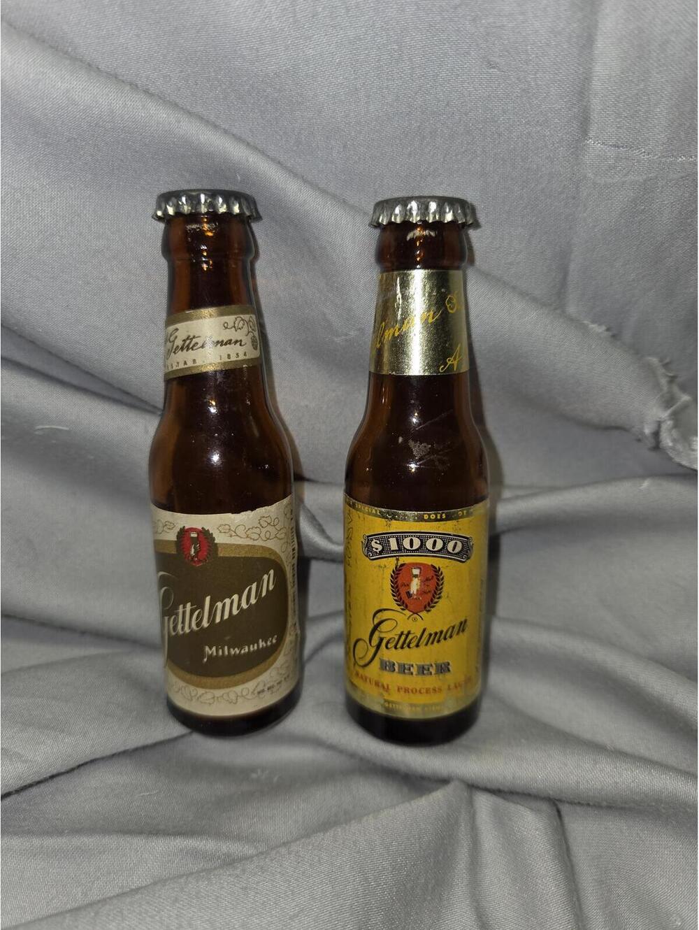 Pair of Gettelman Mini Salt and Pepper Brown Glass Beer Bottles with Labels